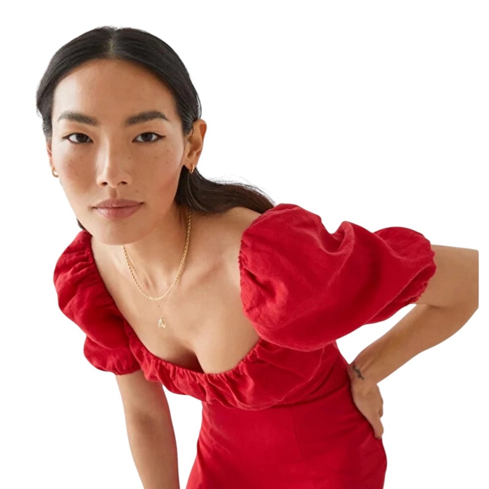 & Other Stories NWT linen puff sleeve midi summer dress in red in Sz 32 (XS) - Picture 3 of 11